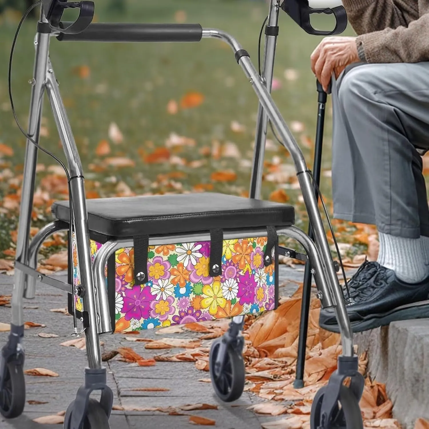 Colorful Hippie Flower Walker Storage Bag Under Seat with Small Internal Pockets,Wheelchair Basket Accessories for Folding Rolling Walkers