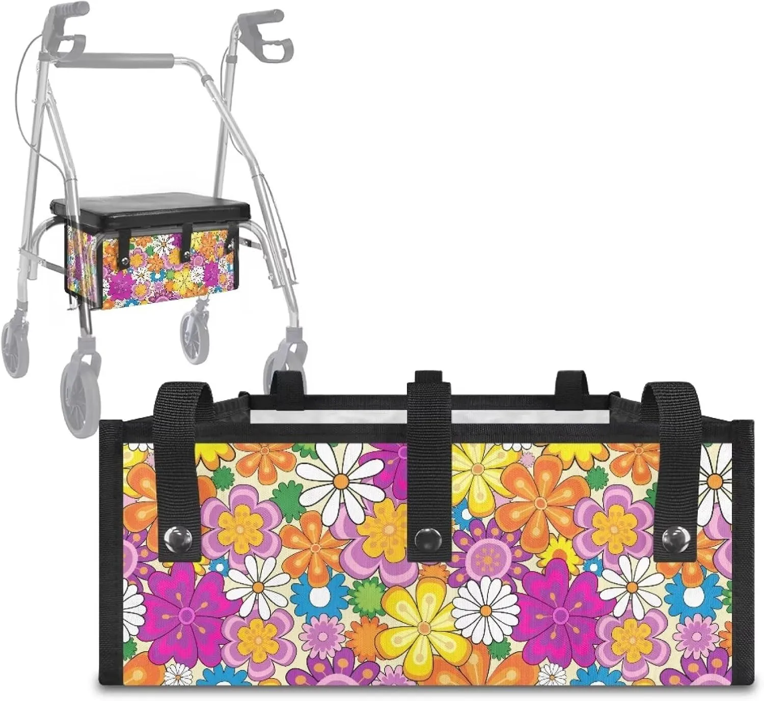 Colorful Hippie Flower Walker Storage Bag Under Seat with Small Internal Pockets,Wheelchair Basket Accessories for Folding Rolling Walkers