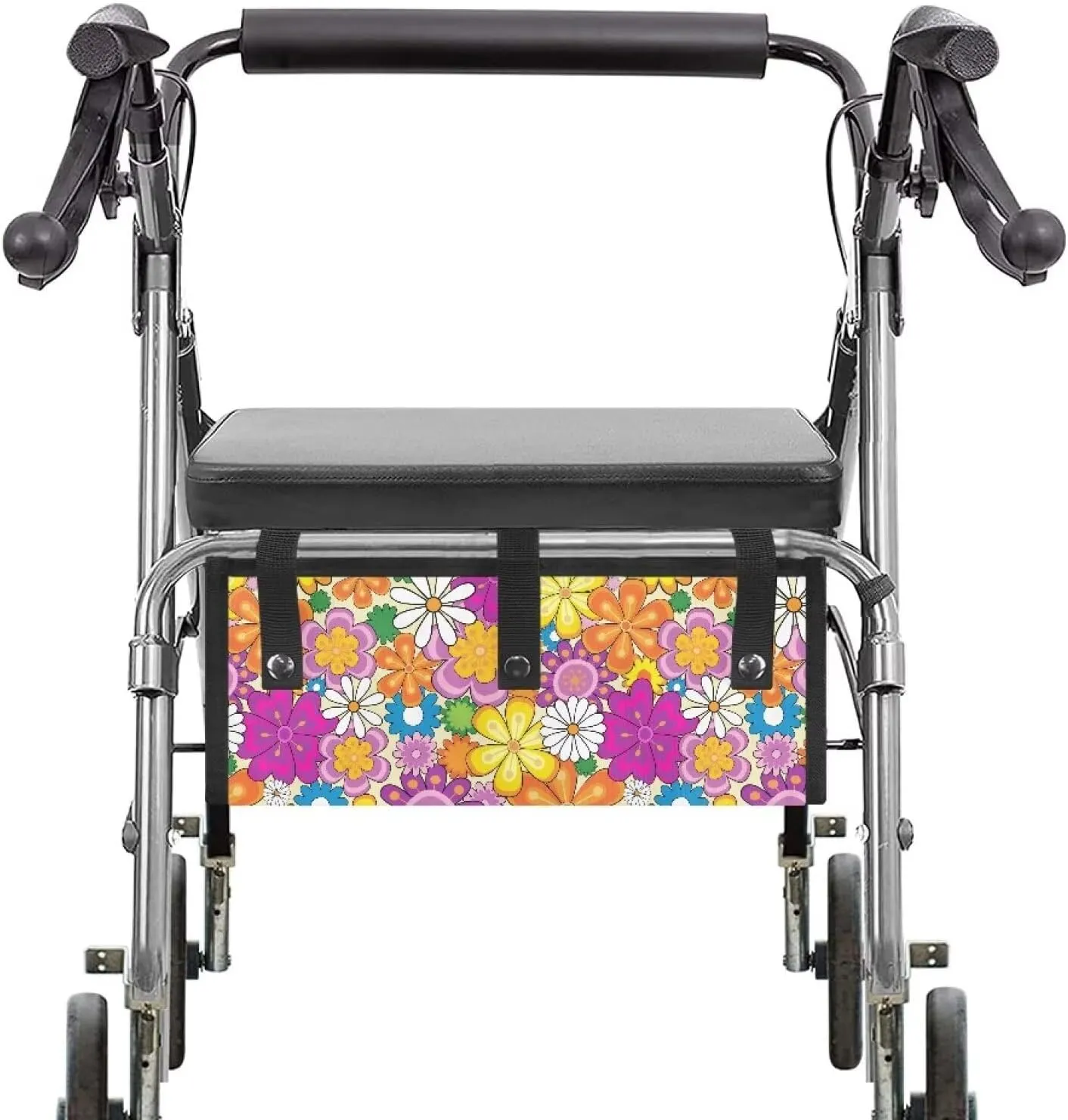 Colorful Hippie Flower Walker Storage Bag Under Seat with Small Internal Pockets,Wheelchair Basket Accessories for Folding Rolling Walkers