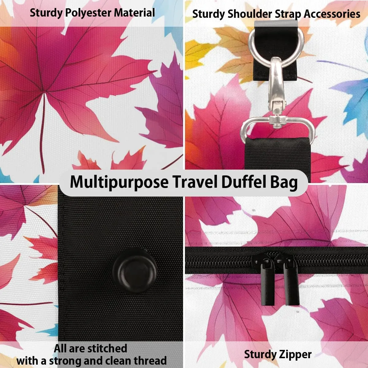 Colorful Maple Leaves Travel Duffel Bag for Women Men Waterproof Foldable Overnight Weekender Bag Large Capacity Sports Gym Bag