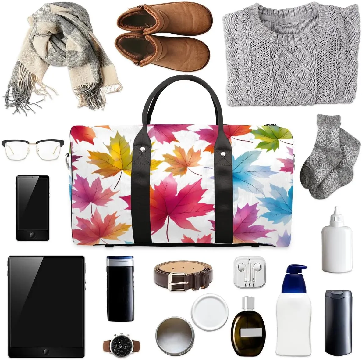 Colorful Maple Leaves Travel Duffel Bag for Women Men Waterproof Foldable Overnight Weekender Bag Large Capacity Sports Gym Bag