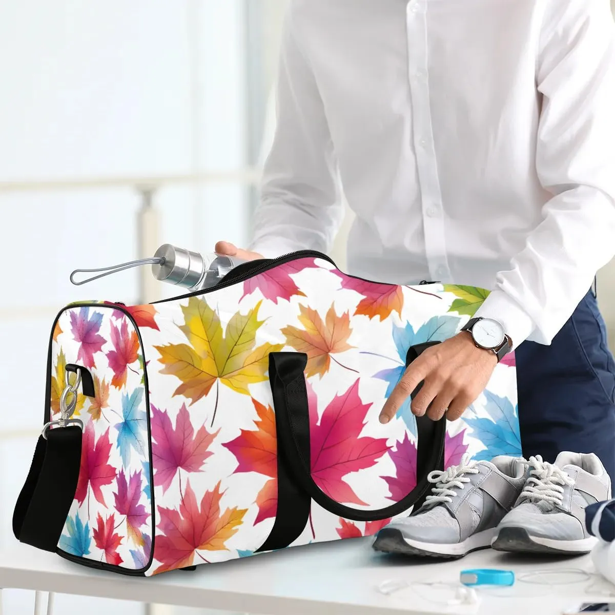 Colorful Maple Leaves Travel Duffel Bag for Women Men Waterproof Foldable Overnight Weekender Bag Large Capacity Sports Gym Bag