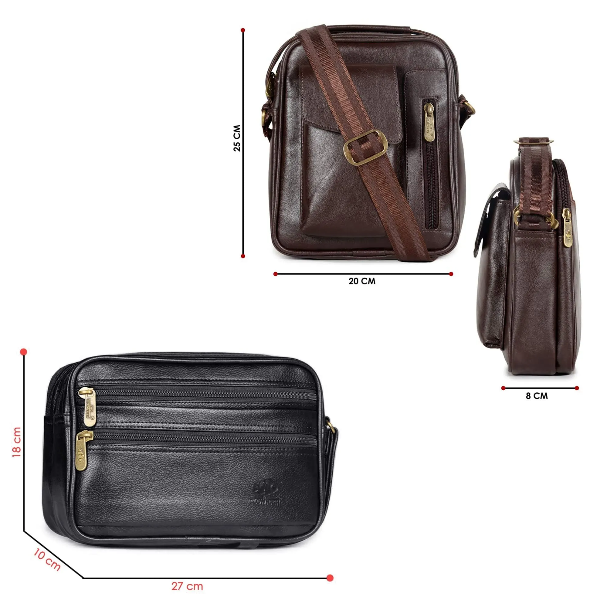 Combo: Faux Leather Sling Bag & Travel Pouch | Multipurpose | 20cm x 25cm | Dark Brown