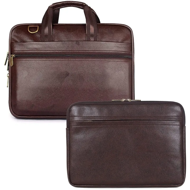 Combo: Laptop Messenger Bag with Adjustable Shoulder Strap | Includes Laptop Sleeve | Fits 15.6 inch | Brown