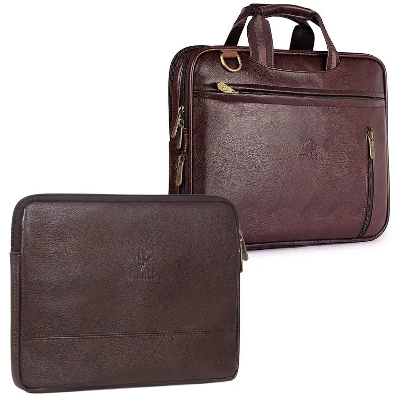 Combo: Laptop Messenger Bag with Adjustable Shoulder Strap | Includes Laptop Sleeve | Fits 15.6 inch | Brown