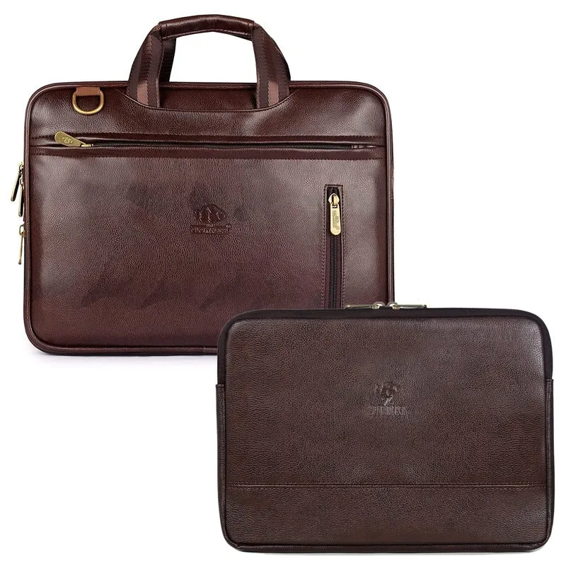 Combo: Laptop Messenger Bag with Adjustable Shoulder Strap | Includes Laptop Sleeve | Fits 15.6 inch | Brown
