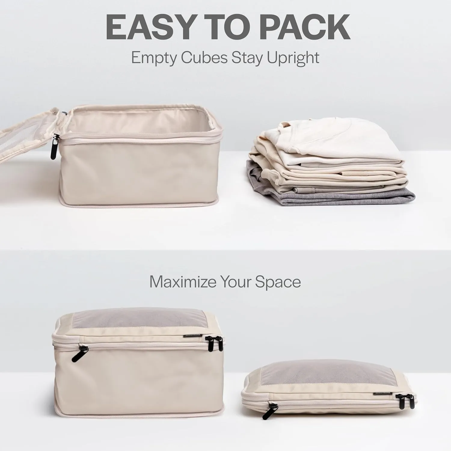 Compression Packing Cubes for Travel - Luggage Organizer Bags - Double Zipper Packing Cubes for Suitcases (2-Pack, Beige)