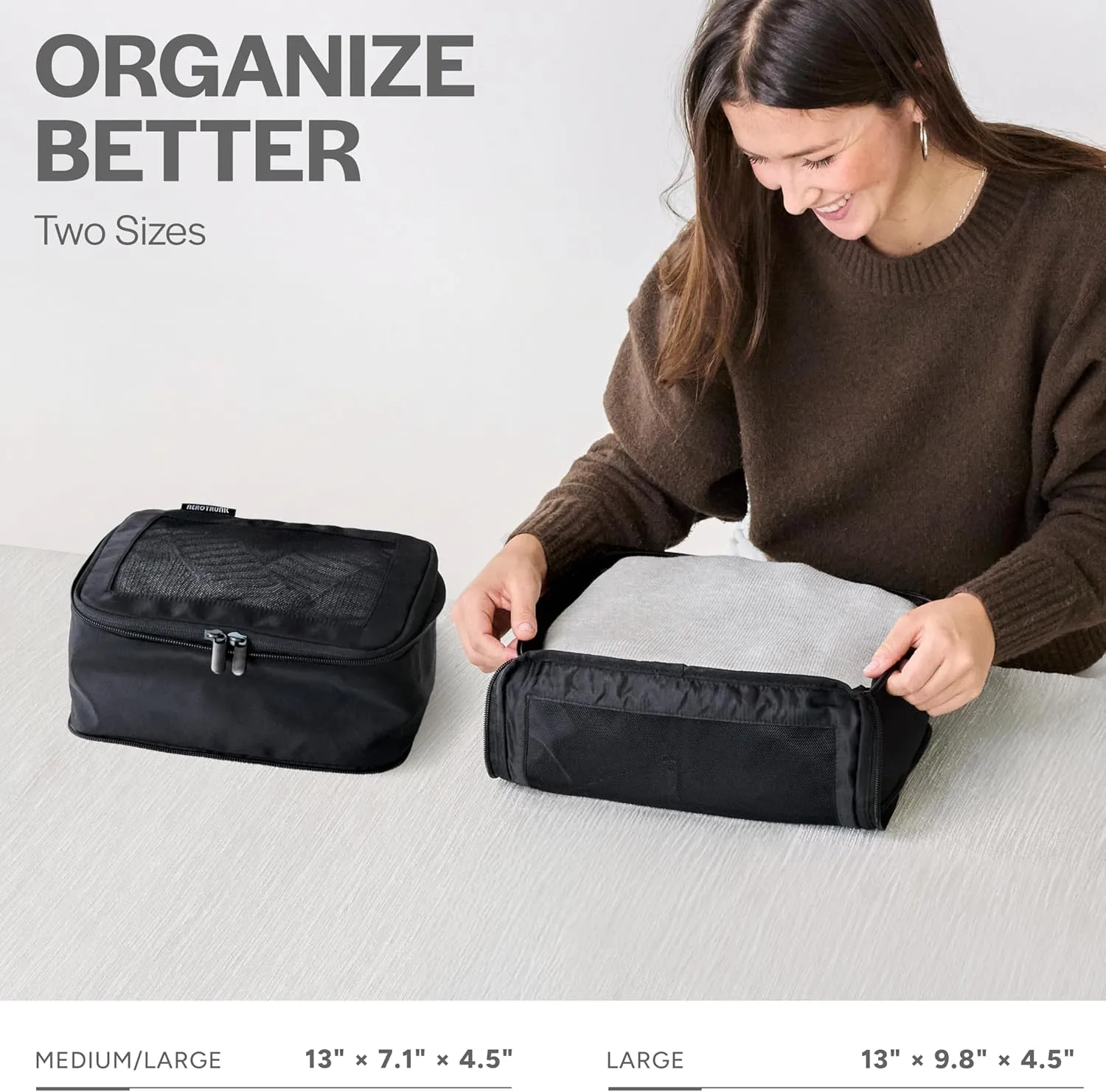 Compression Packing Cubes for Travel - Luggage Organizer Bags - Double Zipper Packing Cubes for Suitcases (2-Pack, Black)