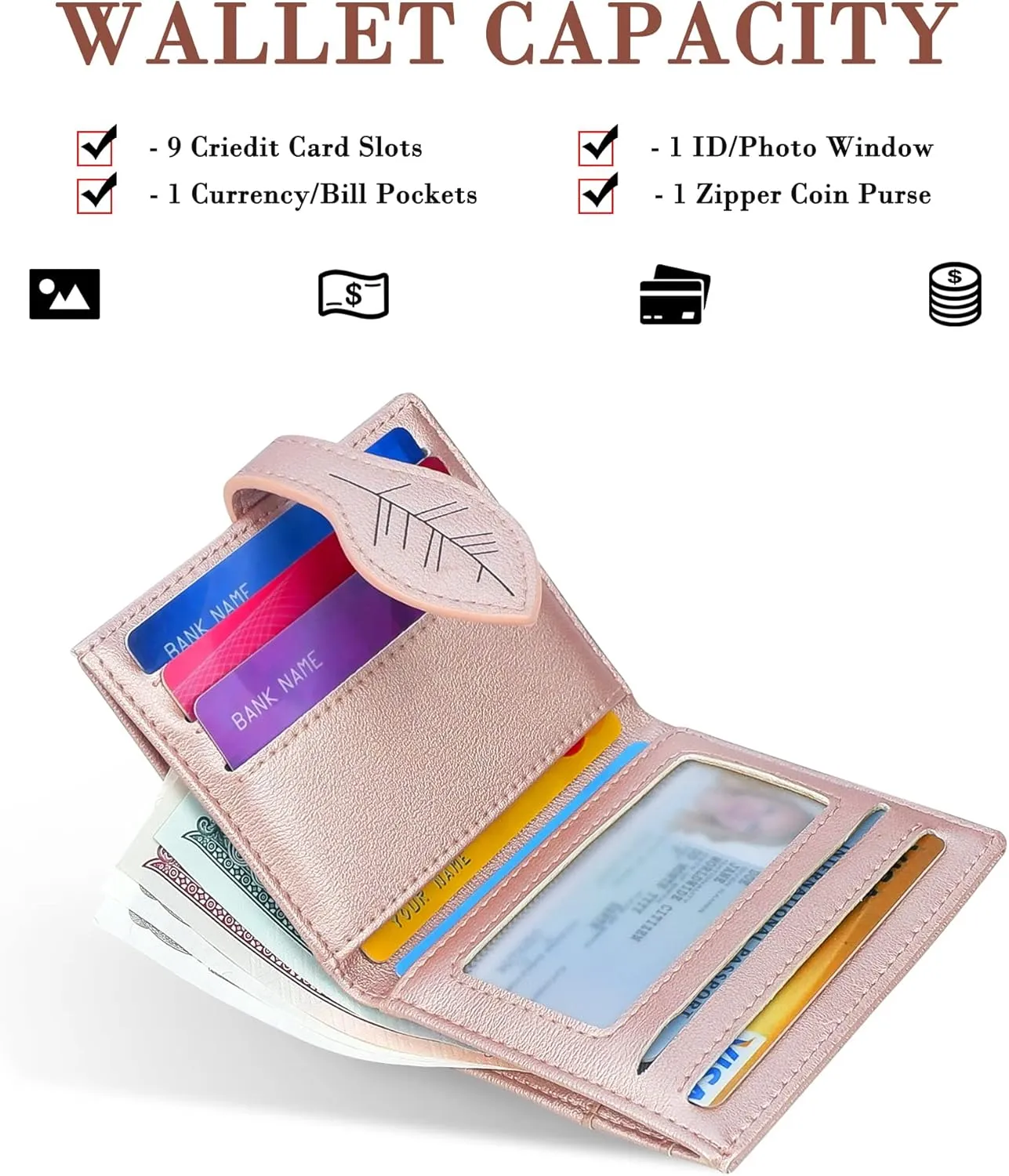 CONISY Small Wallet for Women, RFID Blocking Slim Leather Bifold Front Pocket Womens Wallet with Zipper Coin Purse (Pink)