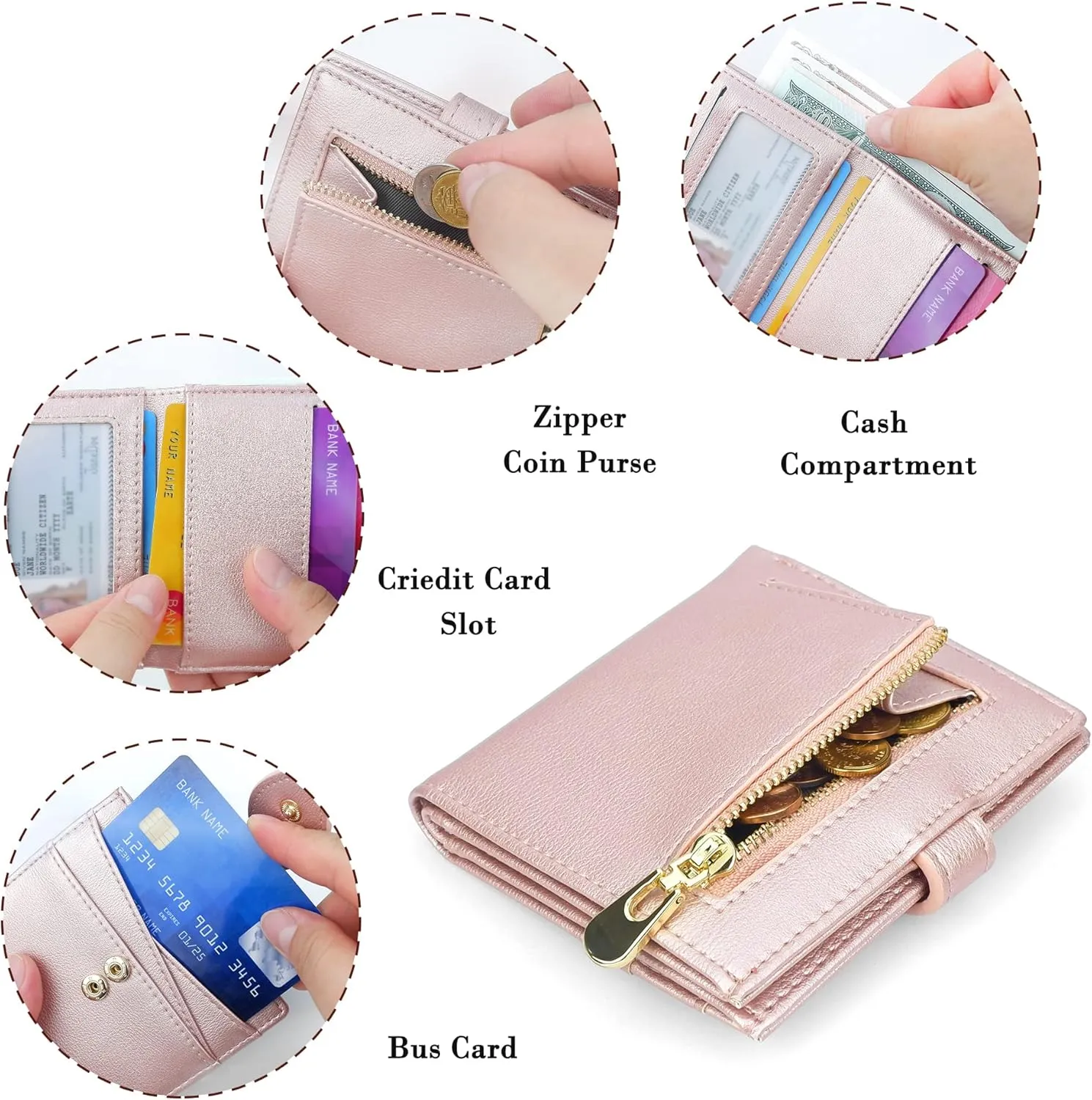 CONISY Small Wallet for Women, RFID Blocking Slim Leather Bifold Front Pocket Womens Wallet with Zipper Coin Purse (Pink)