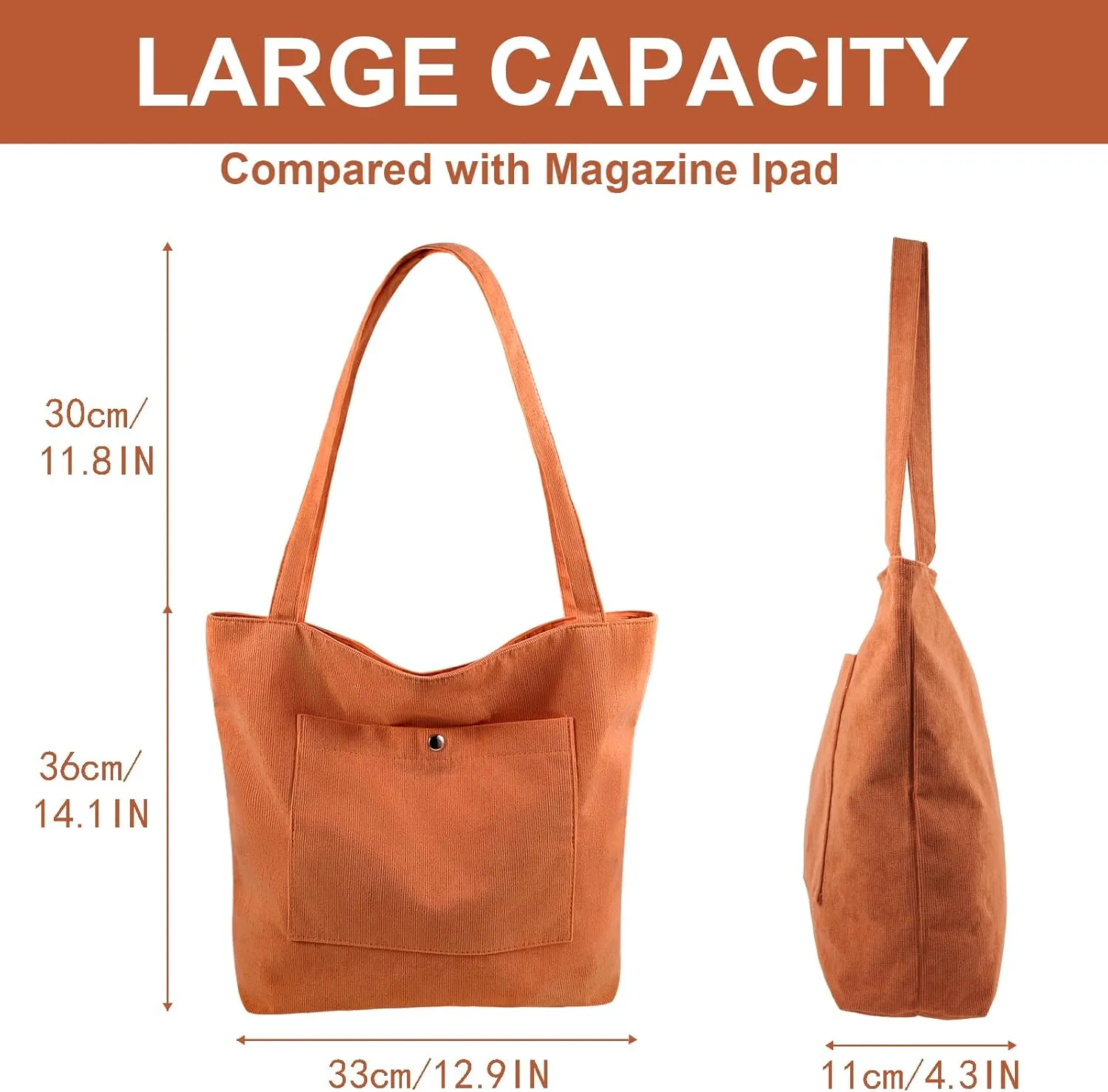 Corduroy Tote Bag for Women Large Shoulder Bag with Zipper and Pockets for Work Travel Shopping.