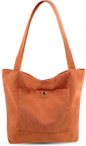 Corduroy Tote Bag for Women Large Shoulder Bag with Zipper and Pockets for Work Travel Shopping.
