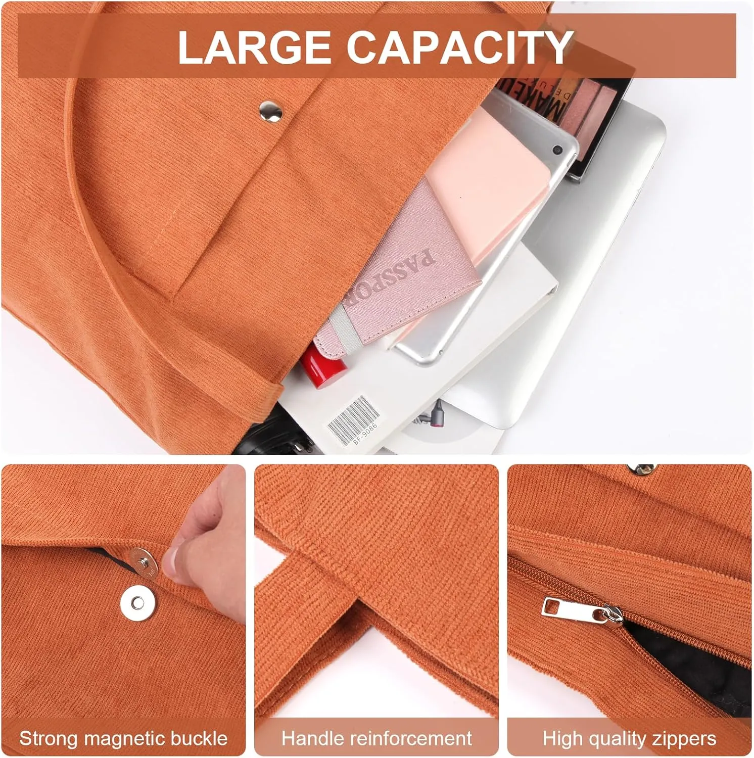 Corduroy Tote Bag for Women Large Shoulder Bag with Zipper and Pockets for Work Travel Shopping.