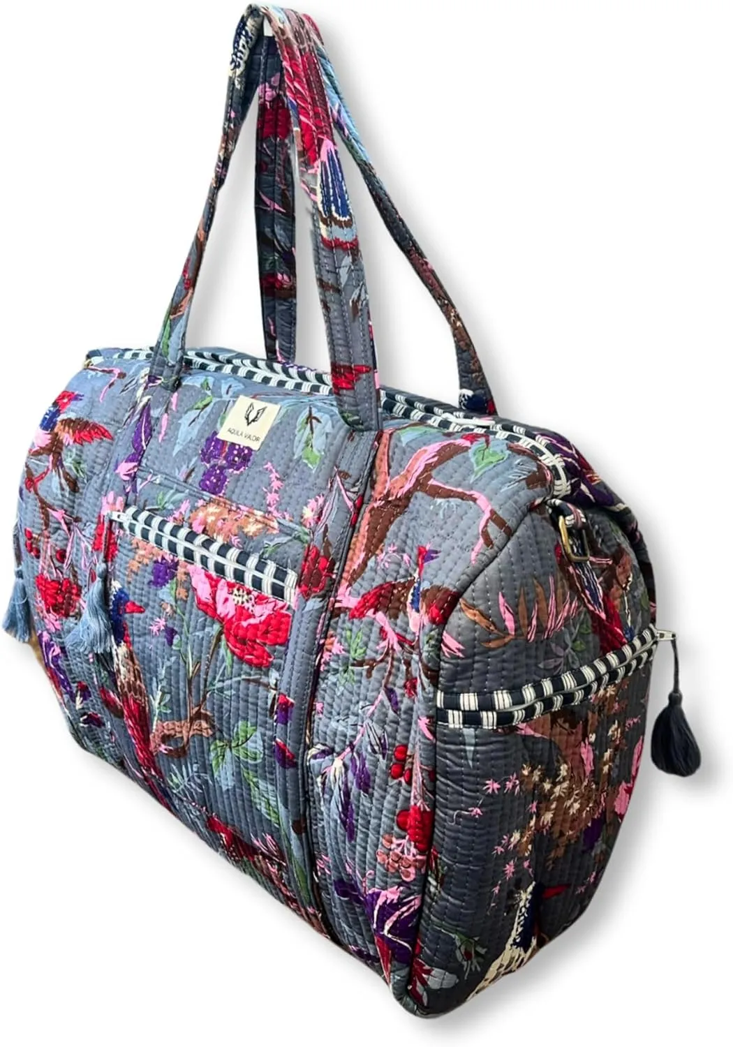Cotton Weekender Duffel Bag- Hand Block Printed Travel Bag (Frosted Bloom)