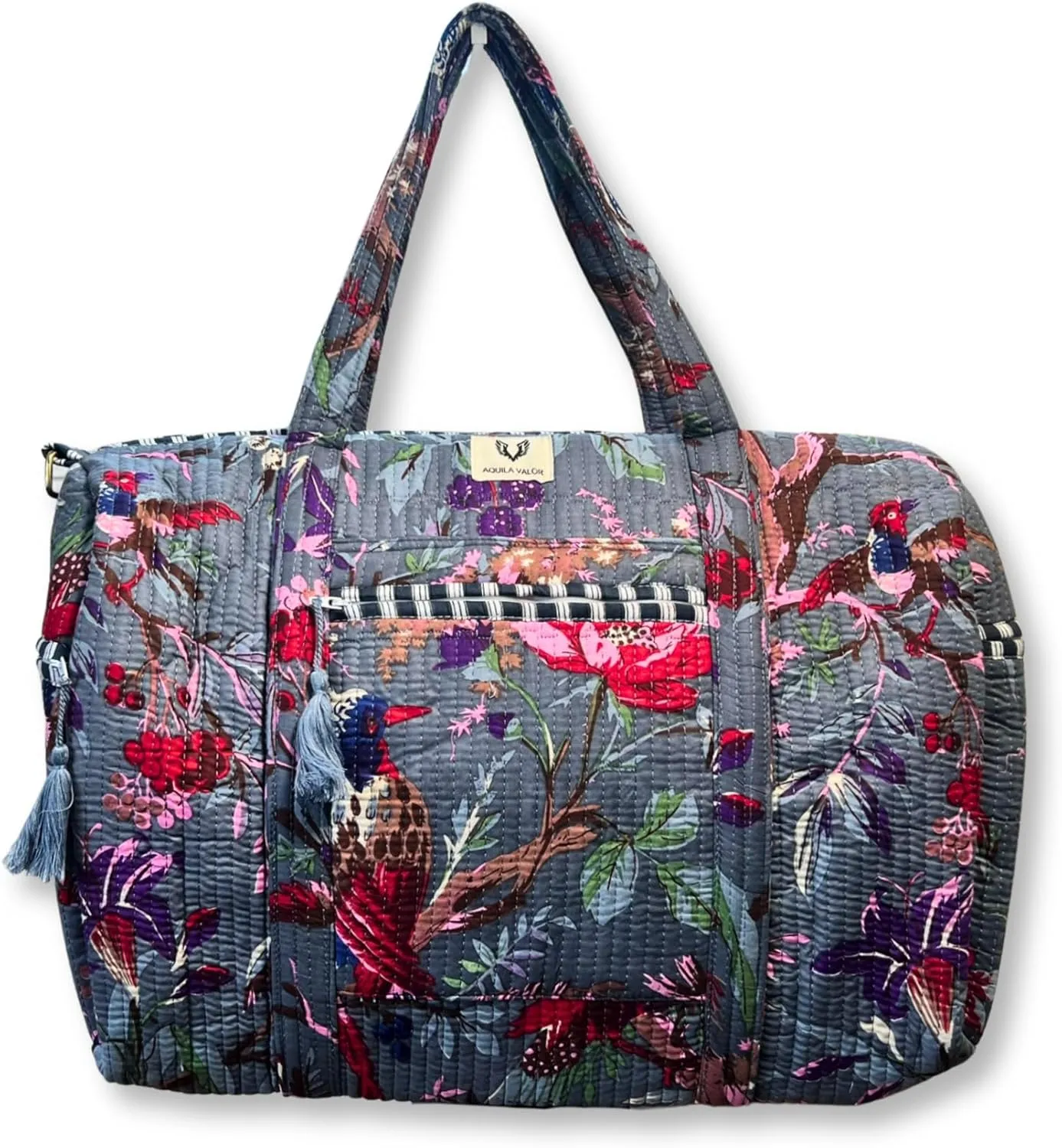 Cotton Weekender Duffel Bag- Hand Block Printed Travel Bag (Frosted Bloom)