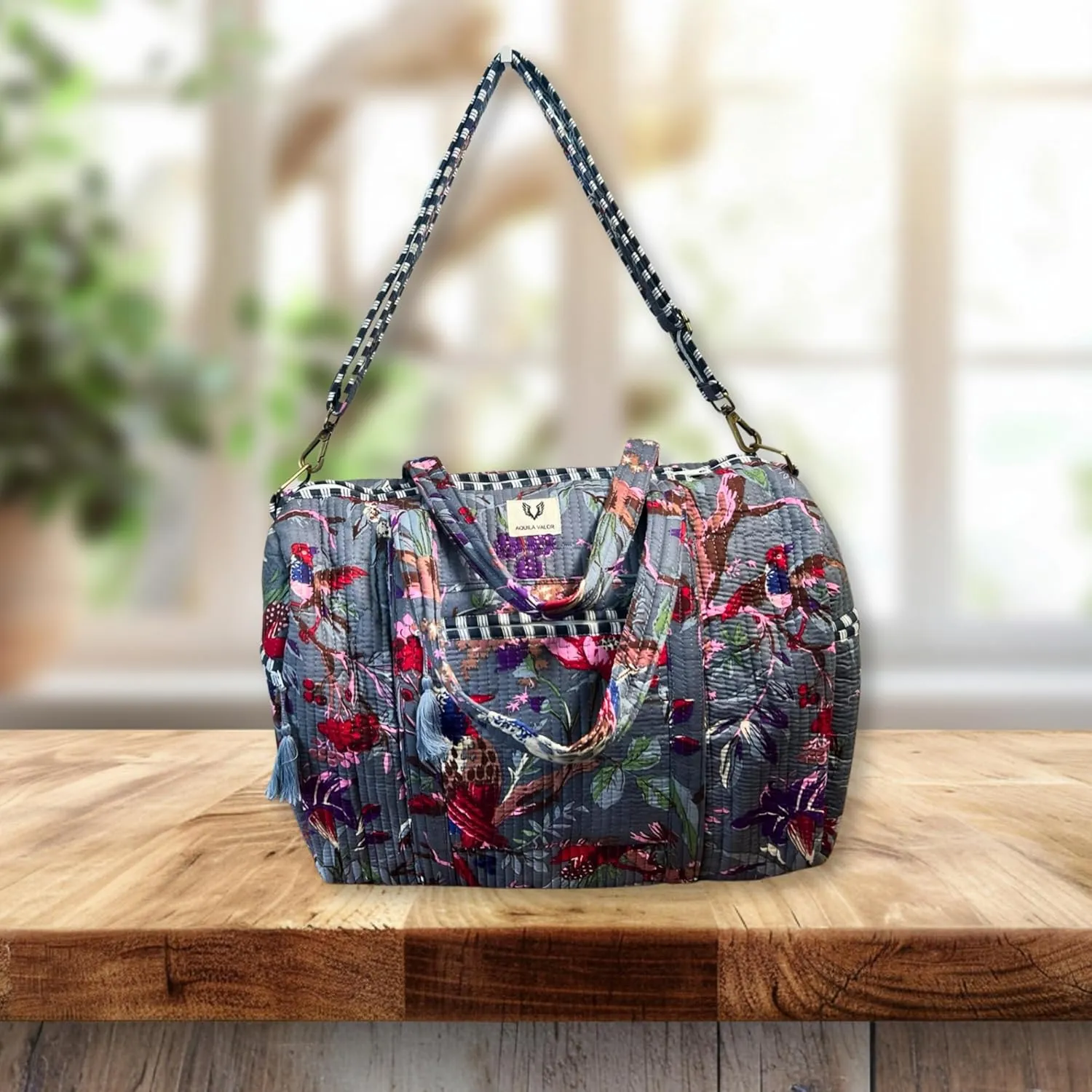 Cotton Weekender Duffel Bag- Hand Block Printed Travel Bag (Frosted Bloom)