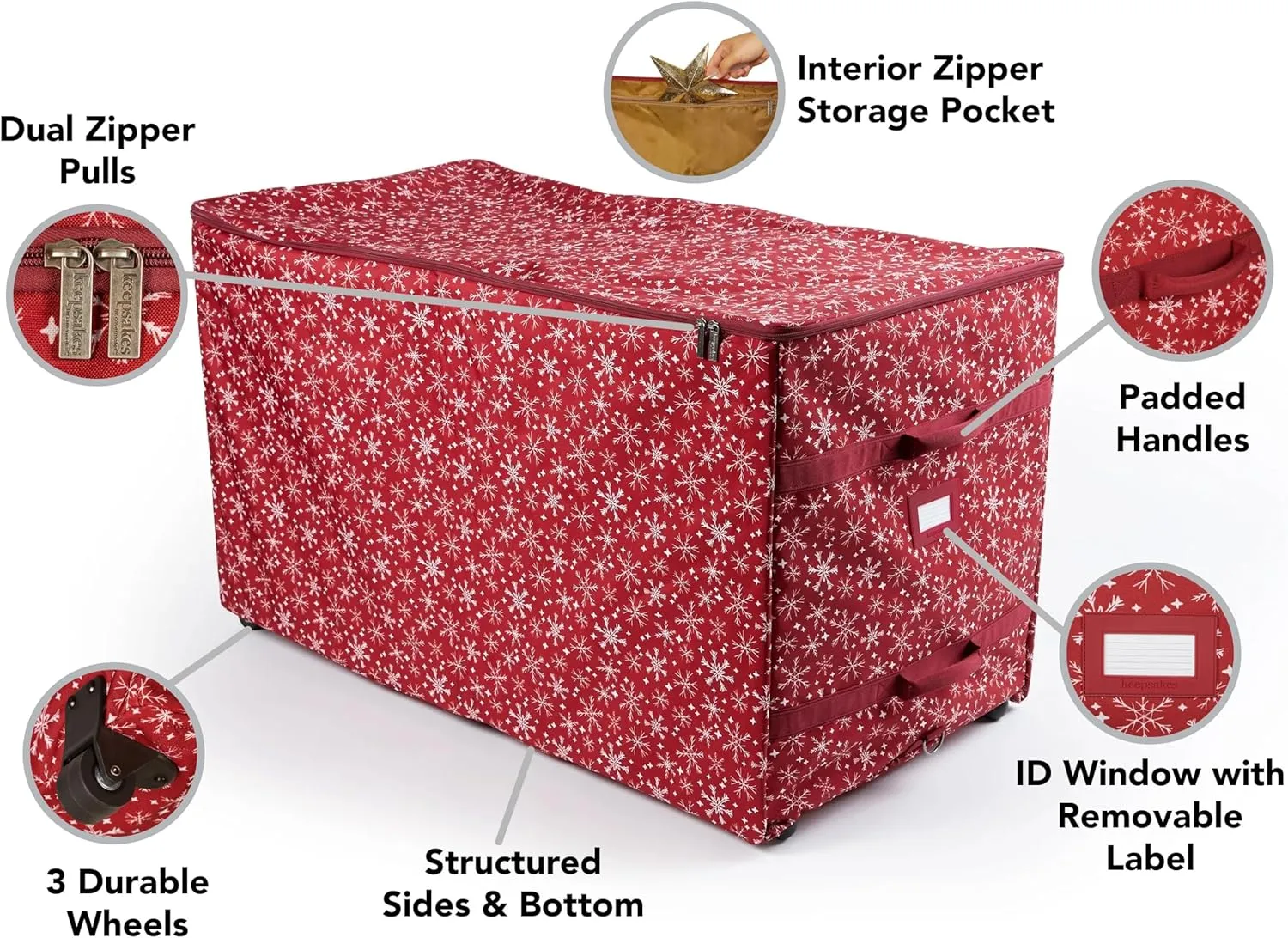 Covermates Keepsakes Christmas Tree Structured Rolling Storage Bag - Superior Protection, Reinforced Handles - Holiday Storage, Red Snowflake