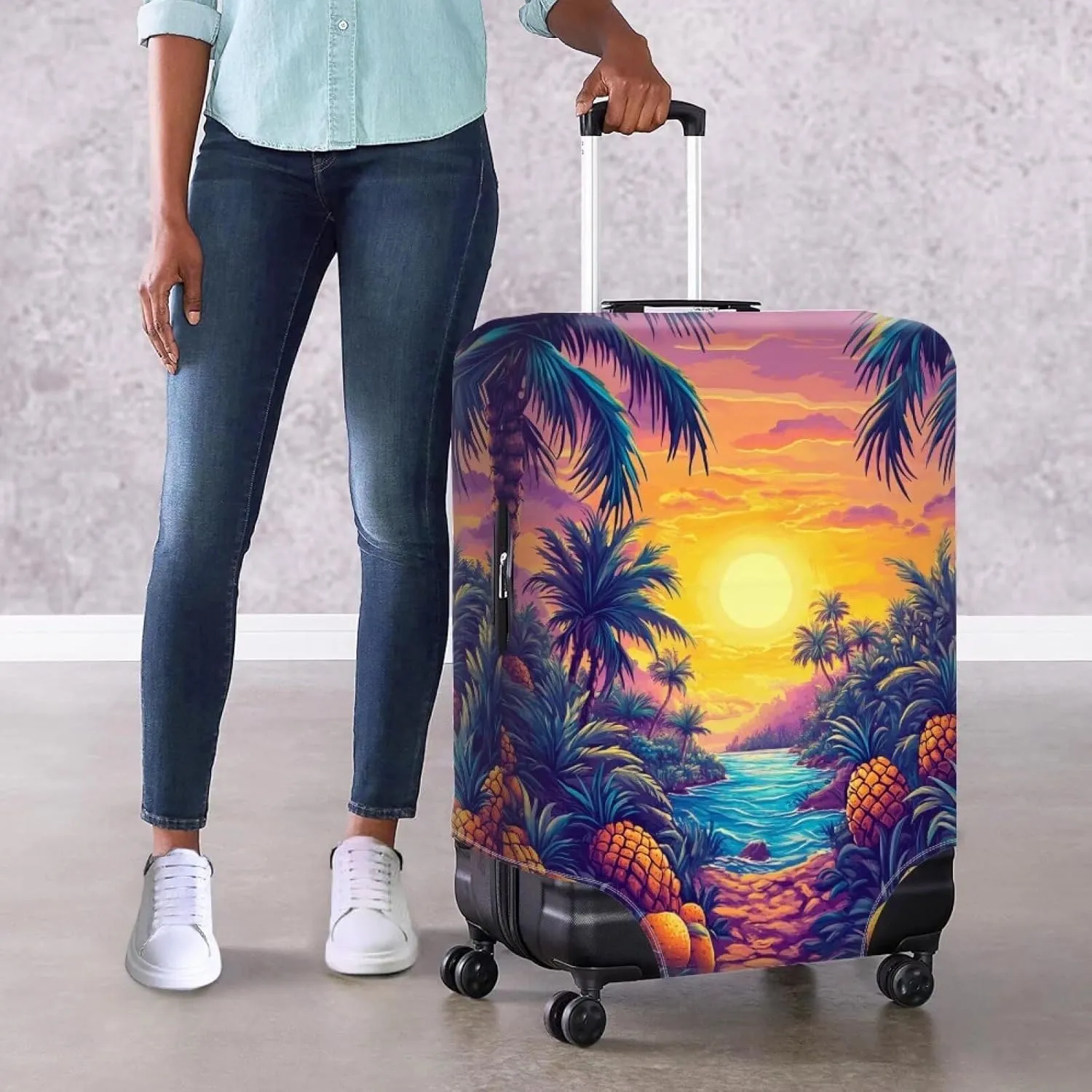 Cozeyat Sunset Tropical Palm Tree Travel Luggage Cover Suitcase Protector Washable Elastic Suitcase Baggage Cover Anti-scratch Suitcase Sleeve with Zipper for Wheeled Suitcase Travel Accessories