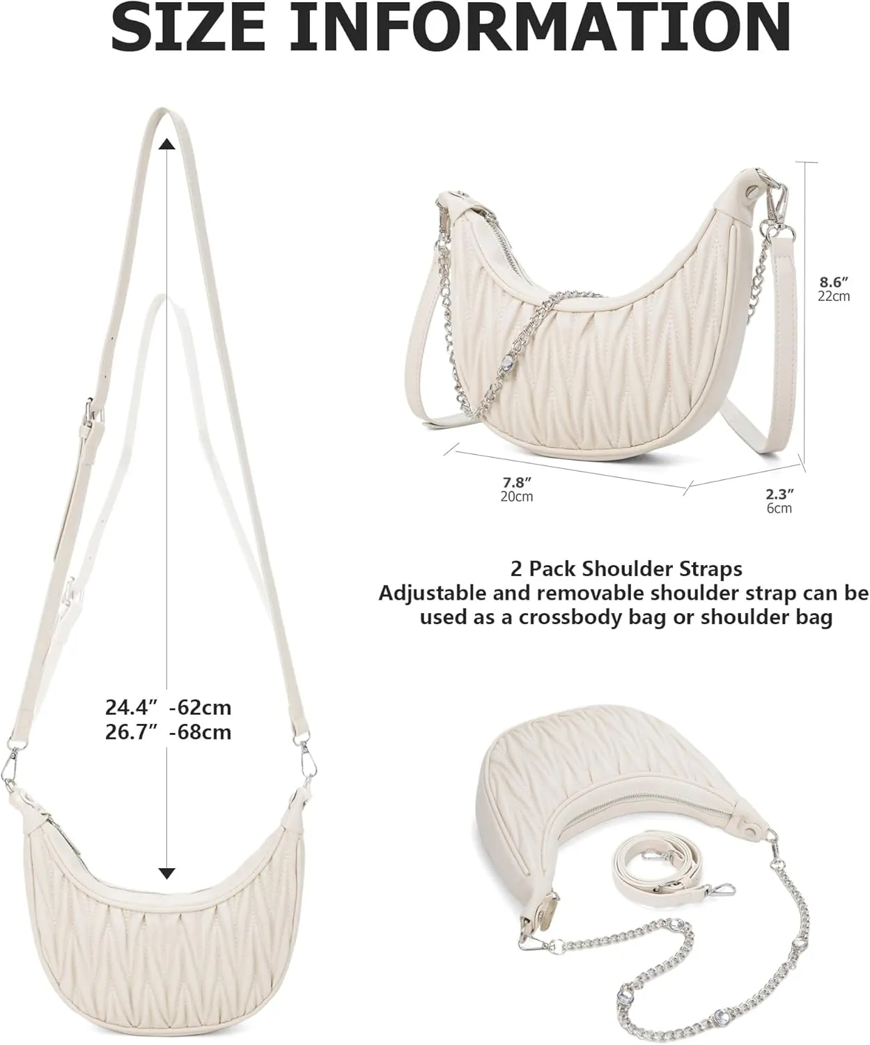 Crescent Bag for Women Ruched Crossbody Handbag Chain Hobo Shoulder Bag Trendy Dumpling Purse with 2 Shoulder Straps
