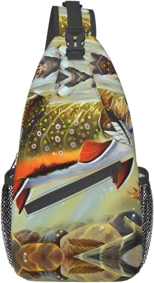 Cross chest bag diagonally Brook Trout Fly Fishing picture Suitable For Men And Women outdoor hiking Work Daily travel trips, Black, One Size