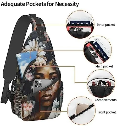 Crossbody Backpack Hiking Travel Daypack Chest Bag Lightweight Shoulder Bag For Women Men Gift African American Afro Woman