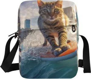 Crossbody Bag for Women Men-Surfing Cat, Sling Bag with Adjustable Strap for Women Men Travel 6.6×2.5×9.4 IN