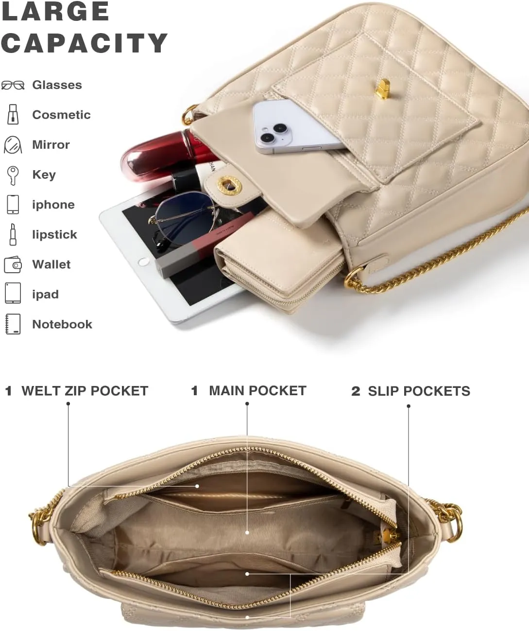 Crossbody Bag for Women, Quilted Crossbody Handbags Trendy Leather Purse Shoulder Bag with Adjustable Chain Strap