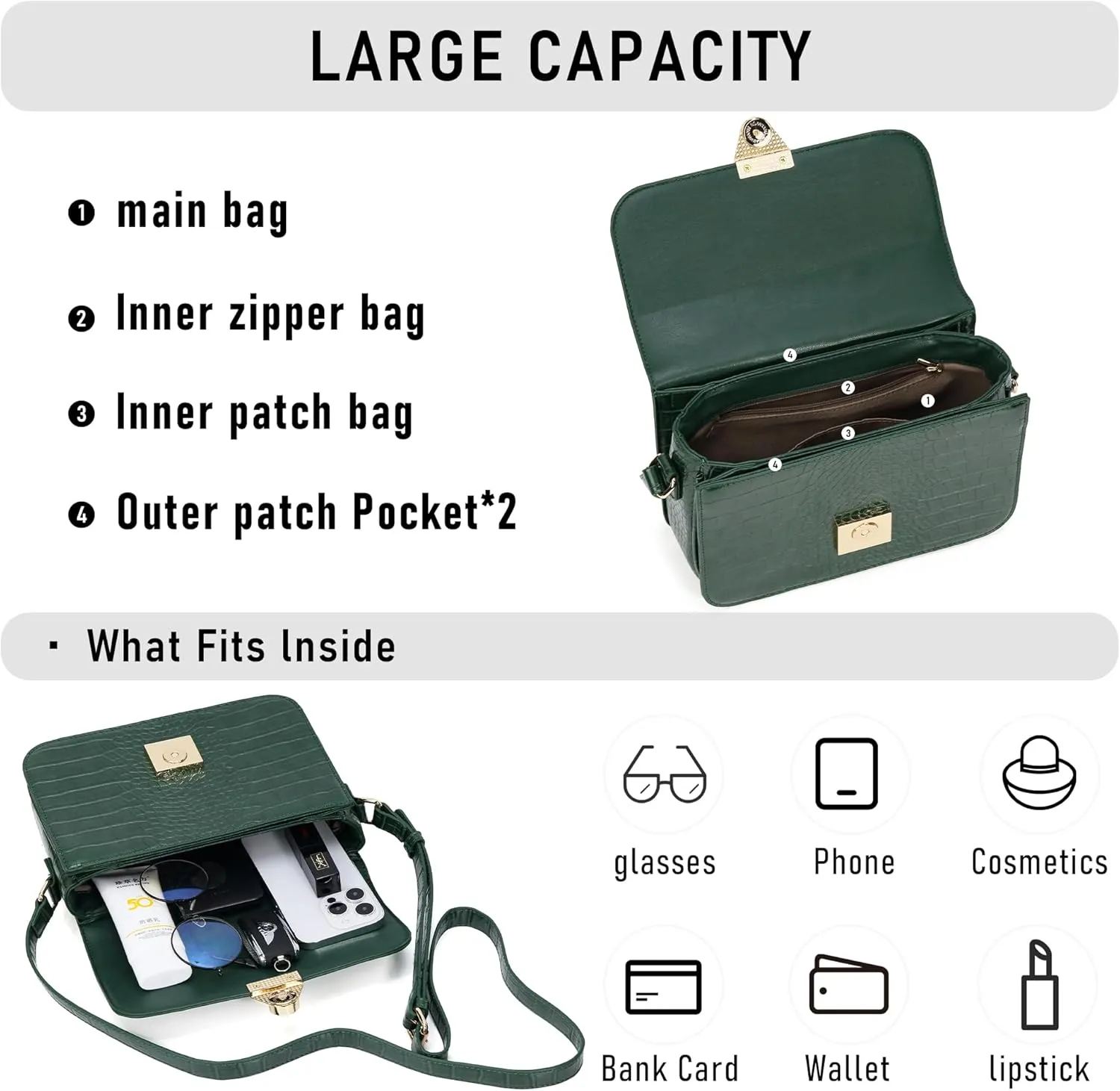 Crossbody Bag Shoulder Satchel Purse for Women, Triple Pocket Bag PU Leather Messenger Bag Flap Evening Bag