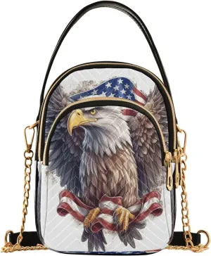 Crossbody Bags for Women Eagle with Usa Flag Quilted Chain Crossbody Purses Trendy Independence Day Usa Cross Body Phone Purse Handbag