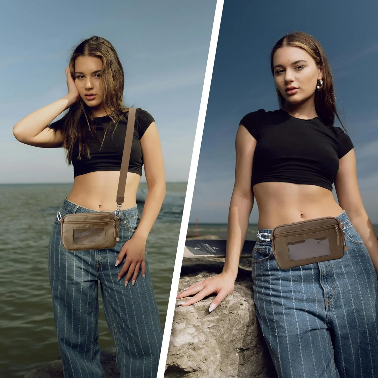 Crossbody Key Bag with ID Window, RFID Blocking Nylon Small cellphone Wallet, Transparent Slot for Easy Access