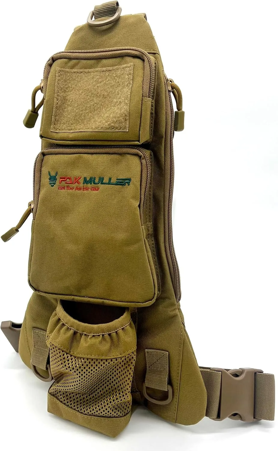 Crossbody Sling Bag Water Bottle Holder, RFID Back Pocket, Travel, Hiking, Everyday Go Bag, Chest Bag, Unisex, Slim Profile, Mid-Size (Khaki)
