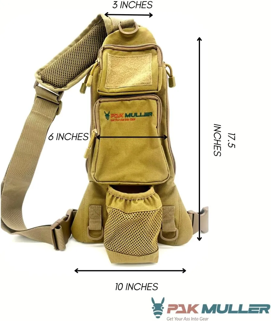 Crossbody Sling Bag Water Bottle Holder, RFID Back Pocket, Travel, Hiking, Everyday Go Bag, Chest Bag, Unisex, Slim Profile, Mid-Size (Khaki)