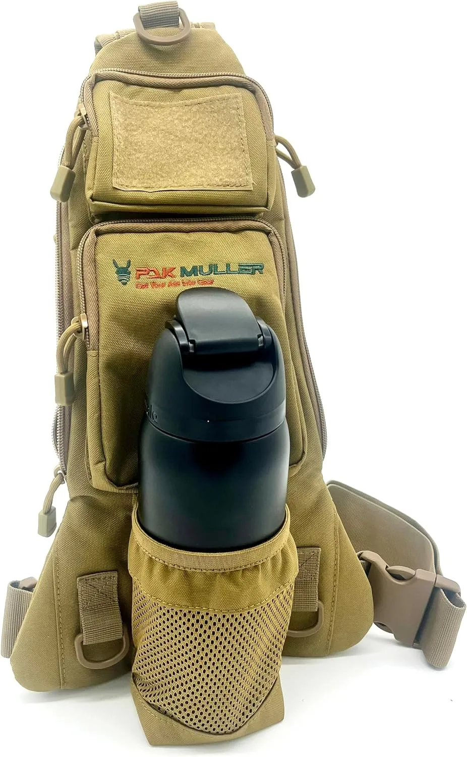 Crossbody Sling Bag Water Bottle Holder, RFID Back Pocket, Travel, Hiking, Everyday Go Bag, Chest Bag, Unisex, Slim Profile, Mid-Size (Khaki)