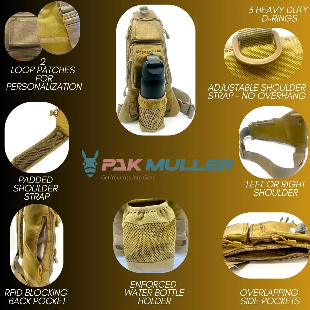 Crossbody Sling Bag Water Bottle Holder, RFID Back Pocket, Travel, Hiking, Everyday Go Bag, Chest Bag, Unisex, Slim Profile, Mid-Size (Khaki)
