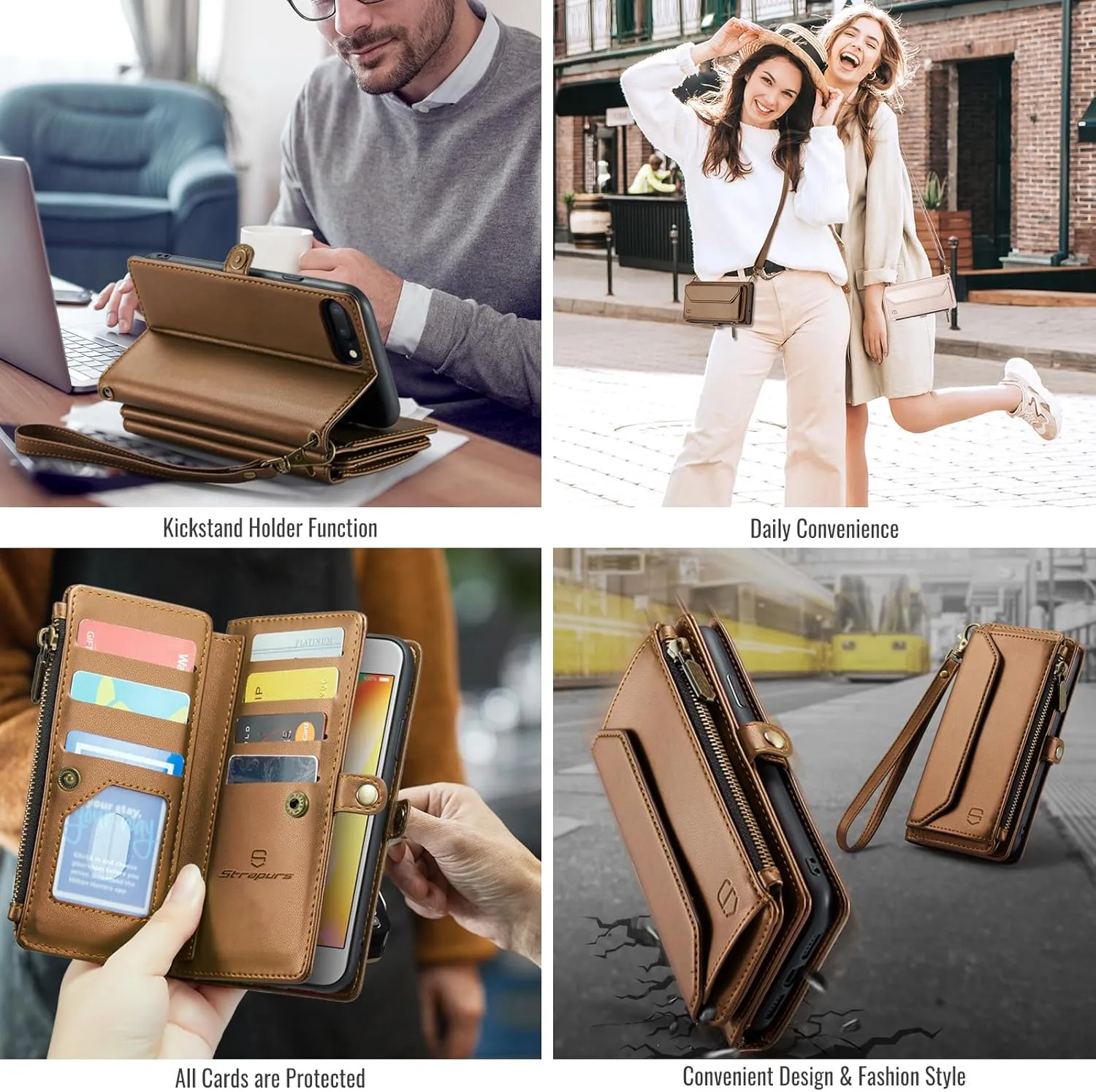 Crossbody Wallet Case Compatible with iPhone 8 Plus / 7 Plus RFID Blocking 10-Card Holder Soft PU Leather Magnetic Closure Shoulder Strap Zipper Pocket Phone Case for Women 5.5" - Brown