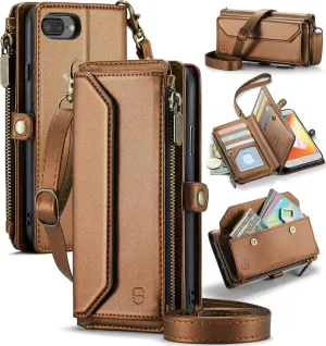 Crossbody Wallet Case Compatible with iPhone 8 Plus / 7 Plus RFID Blocking 10-Card Holder Soft PU Leather Magnetic Closure Shoulder Strap Zipper Pocket Phone Case for Women 5.5" - Brown