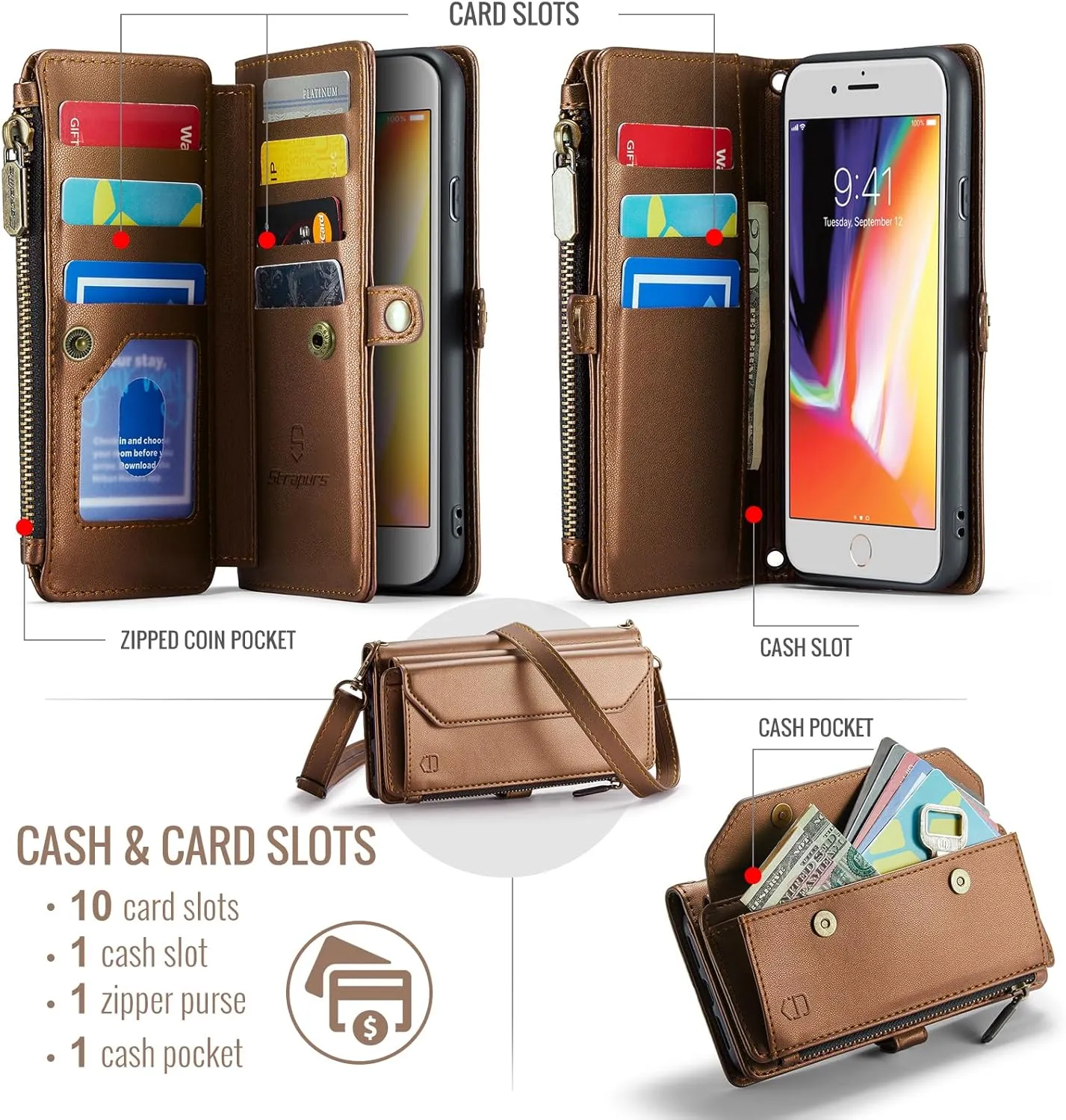Crossbody Wallet Case Compatible with iPhone 8 Plus / 7 Plus RFID Blocking 10-Card Holder Soft PU Leather Magnetic Closure Shoulder Strap Zipper Pocket Phone Case for Women 5.5" - Brown