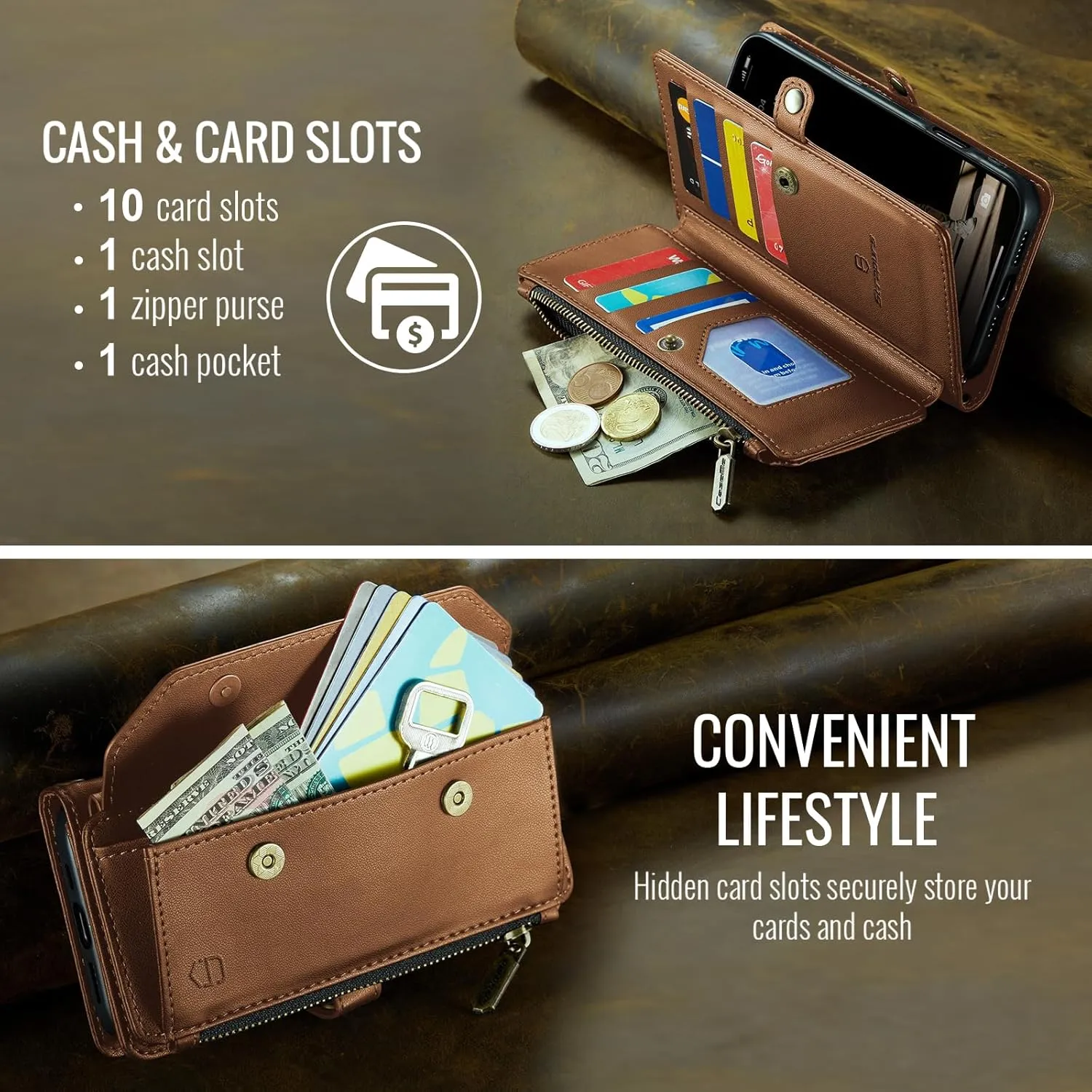 Crossbody Wallet Case Compatible with iPhone 8 Plus / 7 Plus RFID Blocking 10-Card Holder Soft PU Leather Magnetic Closure Shoulder Strap Zipper Pocket Phone Case for Women 5.5" - Brown