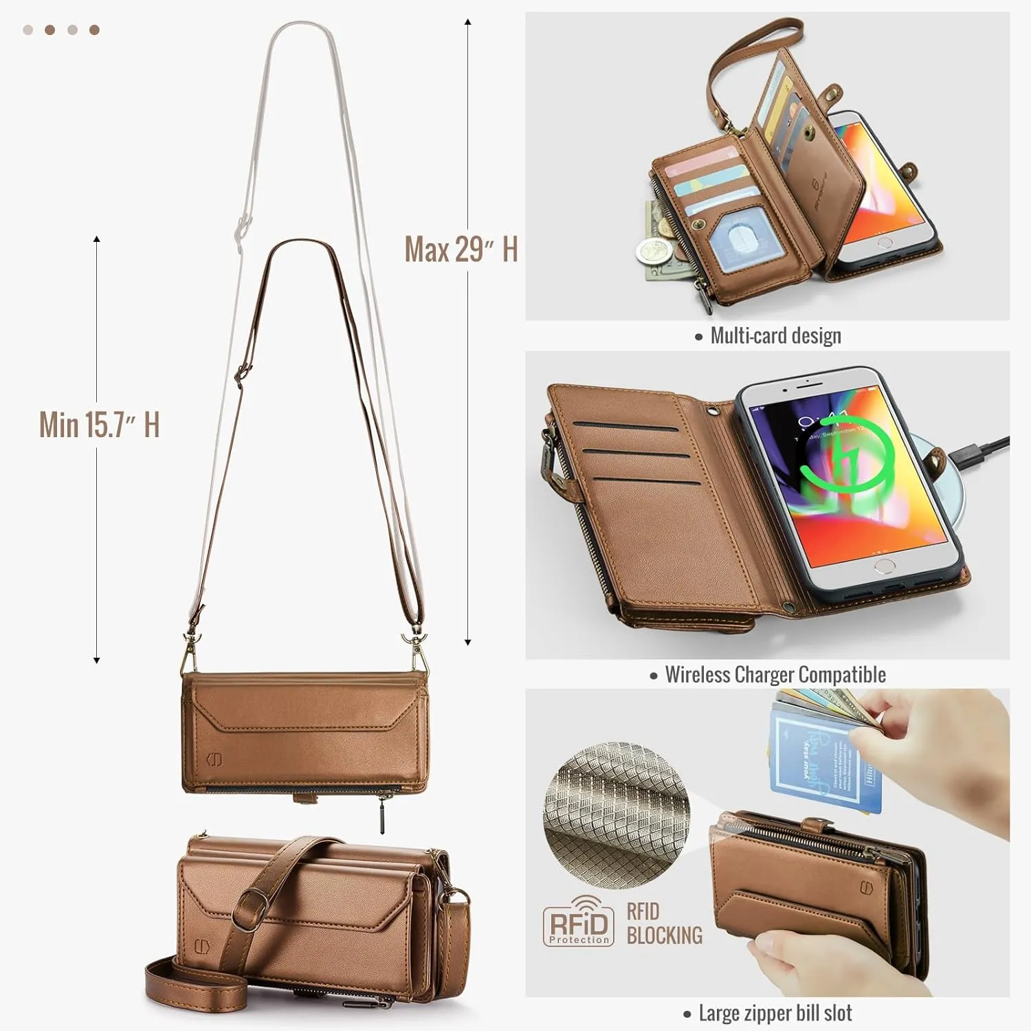 Crossbody Wallet Case Compatible with iPhone 8 Plus / 7 Plus RFID Blocking 10-Card Holder Soft PU Leather Magnetic Closure Shoulder Strap Zipper Pocket Phone Case for Women 5.5" - Brown