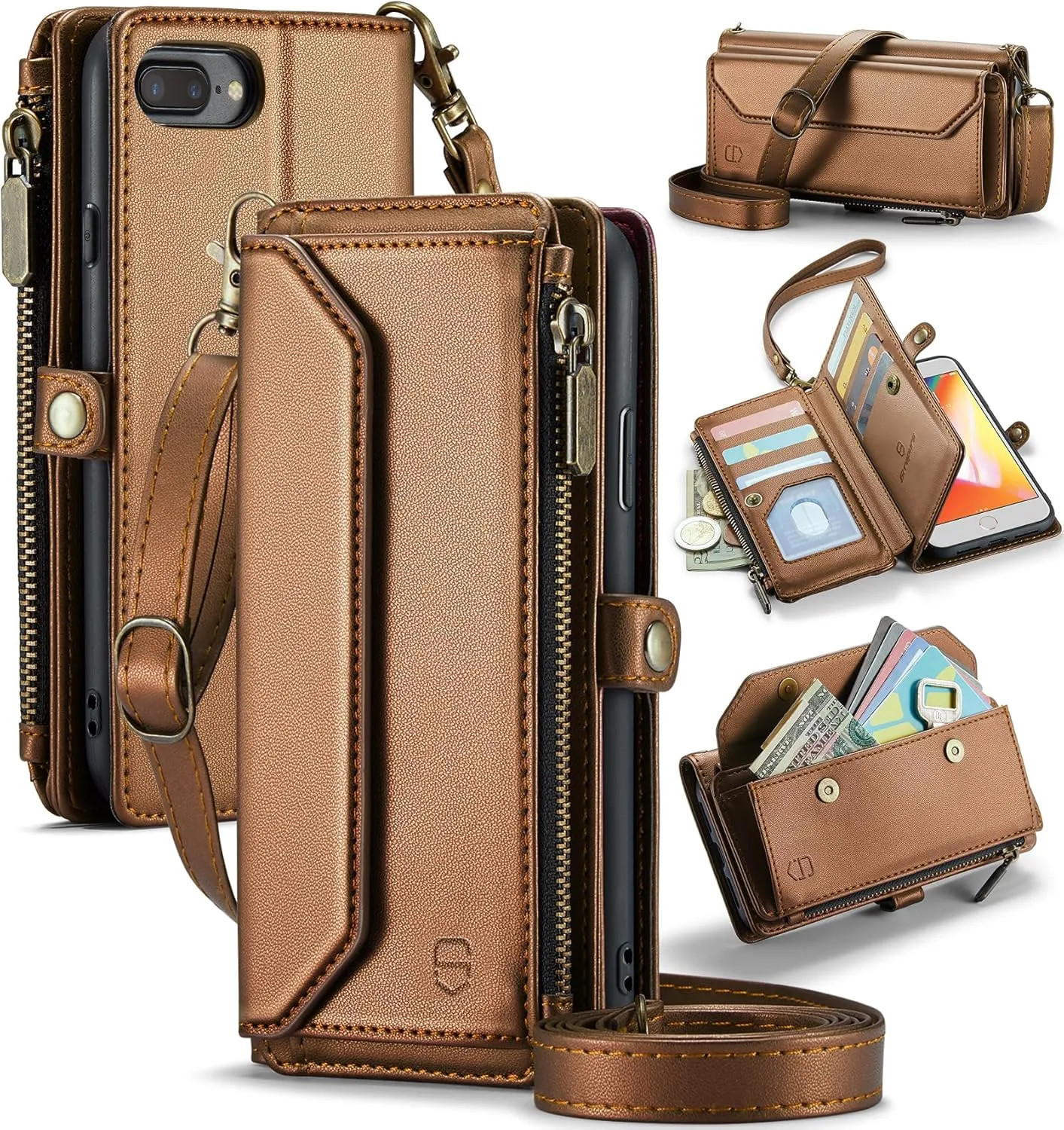 Crossbody Wallet Case Compatible with iPhone 8 Plus / 7 Plus RFID Blocking 10-Card Holder Soft PU Leather Magnetic Closure Shoulder Strap Zipper Pocket Phone Case for Women 5.5" - Brown