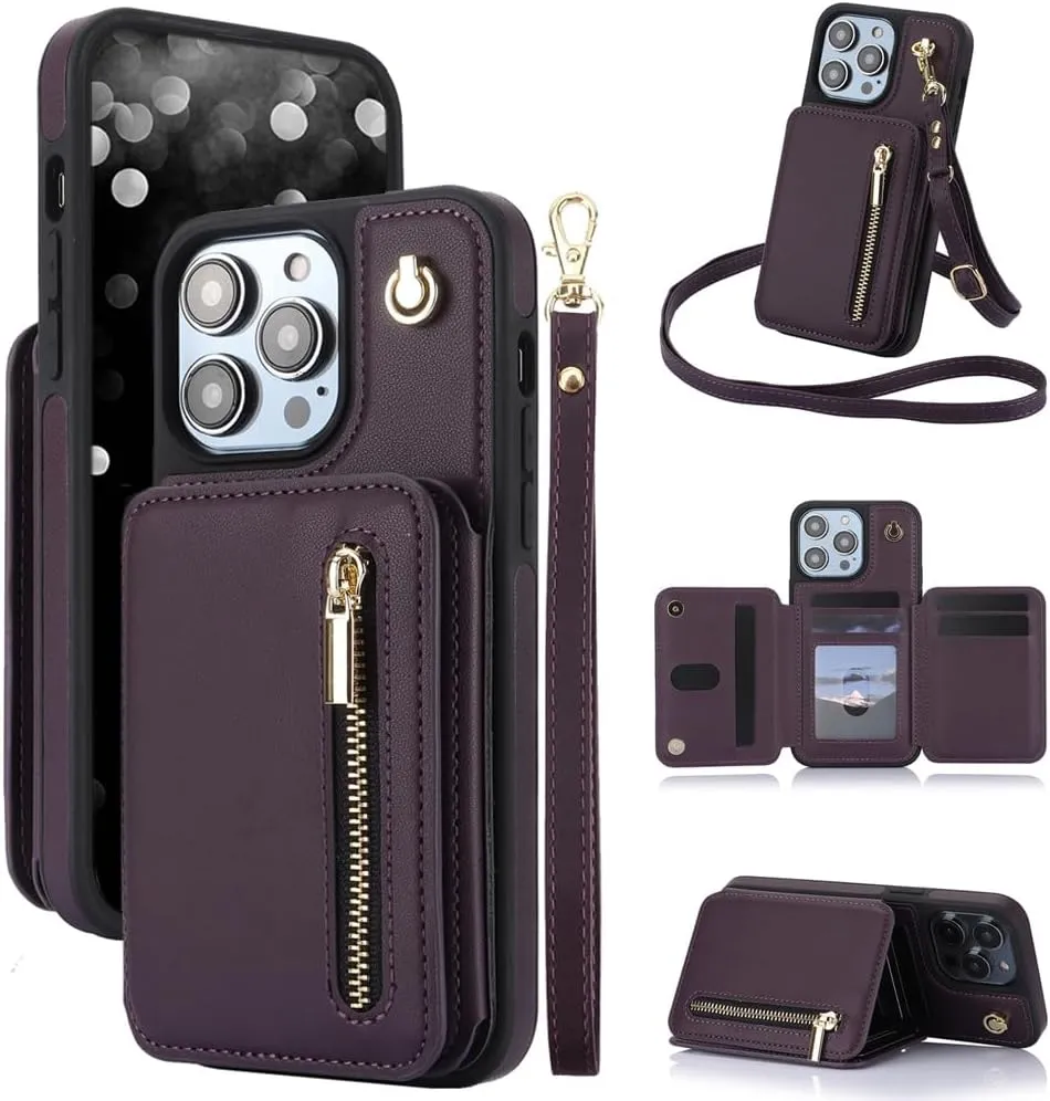 Crossbody Wallet Case for iPhone 15 Pro Max, Flip Kickstand Case with RFID Blocking Card Slot Holder,Zipper Handbag Phone Case,PU Leather iPhone 15 Pro Max, 6.7 Inch (Dark Purple, iPhone 15 Pro Max)