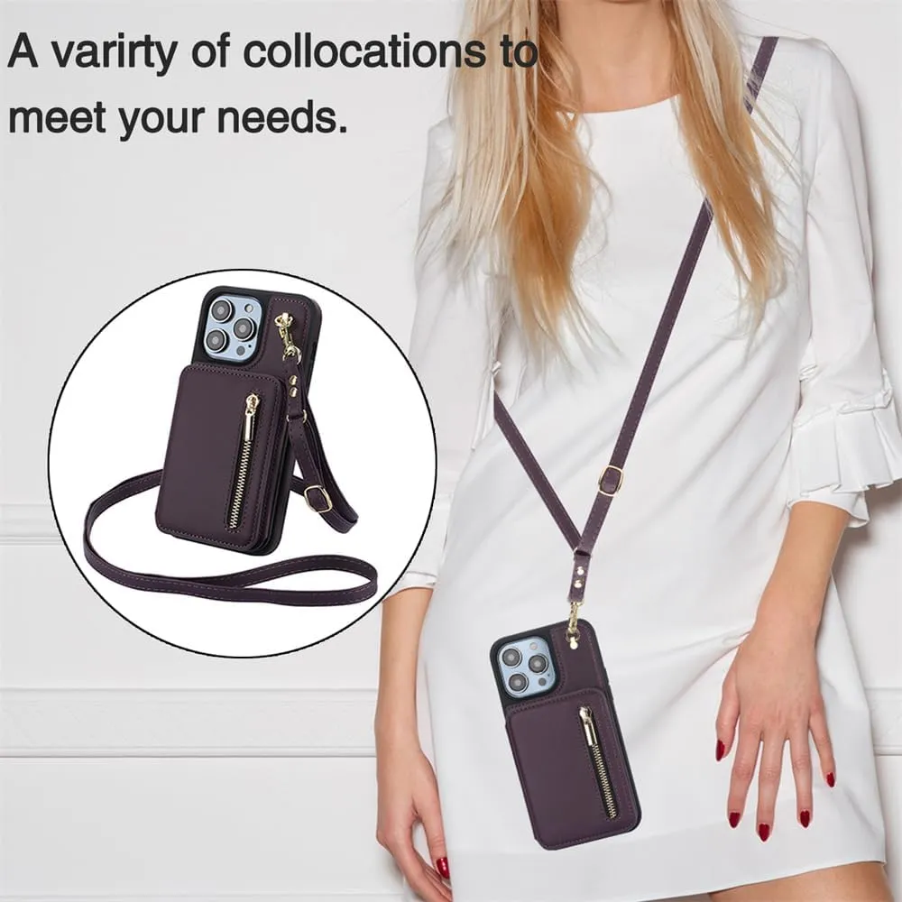 Crossbody Wallet Case for iPhone 15 Pro Max, Flip Kickstand Case with RFID Blocking Card Slot Holder,Zipper Handbag Phone Case,PU Leather iPhone 15 Pro Max, 6.7 Inch (Dark Purple, iPhone 15 Pro Max)