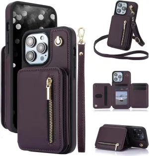 Crossbody Wallet Case for iPhone 15 Pro Max, Flip Kickstand Case with RFID Blocking Card Slot Holder,Zipper Handbag Phone Case,PU Leather iPhone 15 Pro Max, 6.7 Inch (Dark Purple, iPhone 15 Pro Max)