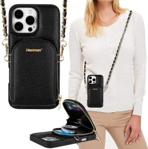 Crossbody Wallet Case for iPhone 16 Pro Max,RFID Blocking PU Leather Zipper Handbag Purse Cover Suitable for iPhone 16 Pro Max,Leather Wallet Case for Woman & Girls-Black