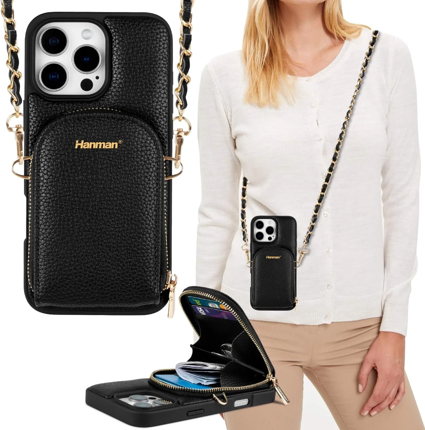 Crossbody Wallet Case for iPhone 16 Pro Max,RFID Blocking PU Leather Zipper Handbag Purse Cover Suitable for iPhone 16 Pro Max,Leather Wallet Case for Woman & Girls-Black