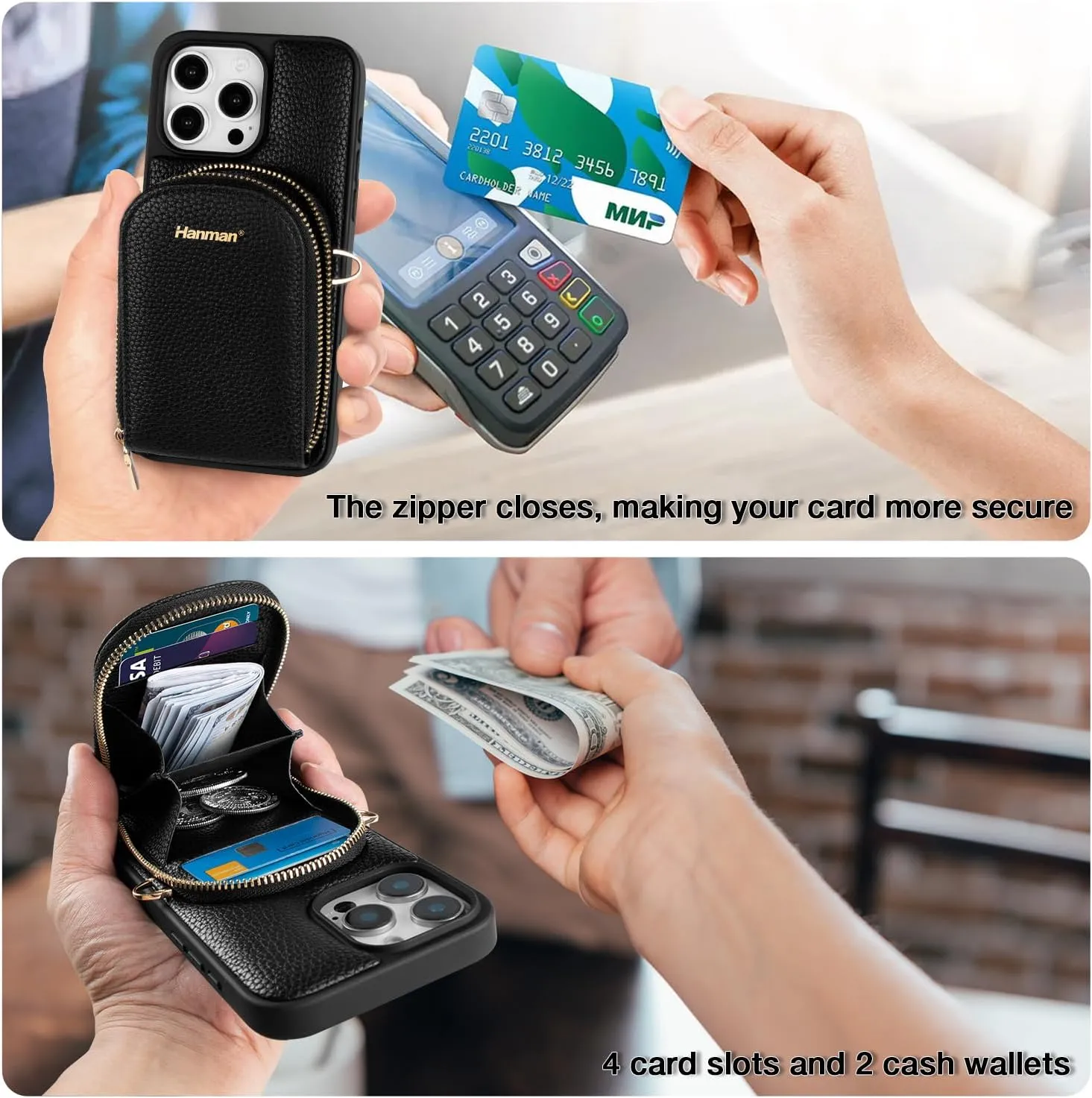 Crossbody Wallet Case for iPhone 16 Pro Max,RFID Blocking PU Leather Zipper Handbag Purse Cover Suitable for iPhone 16 Pro Max,Leather Wallet Case for Woman & Girls-Black