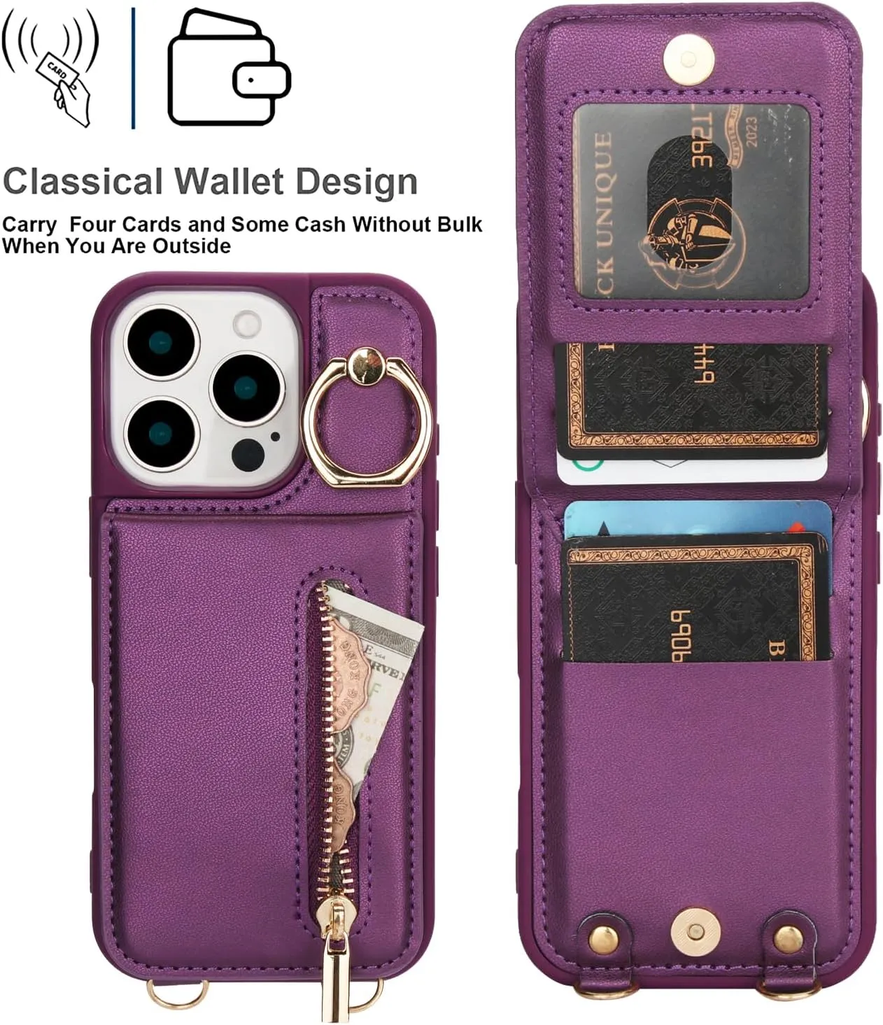 Crossbody Wallet Case for iPhone 16 Pro with Lanyard Strap Card Slot Holder RFID Blocking 360° Ring Kickstand,Magnetic Flip Folio Zipper Purse Case, PU Leather Cover Handbag,Deep Purple