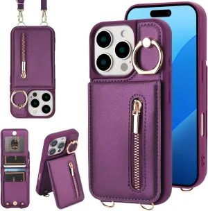 Crossbody Wallet Case for iPhone 16 Pro with Lanyard Strap Card Slot Holder RFID Blocking 360° Ring Kickstand,Magnetic Flip Folio Zipper Purse Case, PU Leather Cover Handbag,Deep Purple