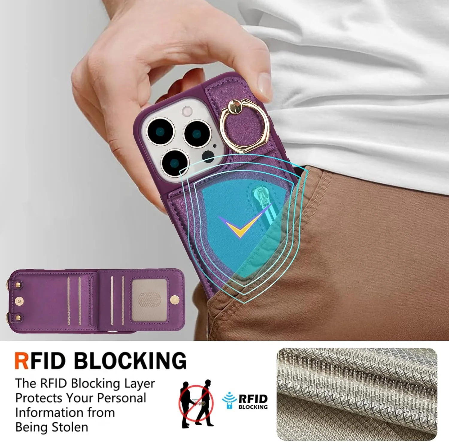 Crossbody Wallet Case for iPhone 16 Pro with Lanyard Strap Card Slot Holder RFID Blocking 360° Ring Kickstand,Magnetic Flip Folio Zipper Purse Case, PU Leather Cover Handbag,Deep Purple