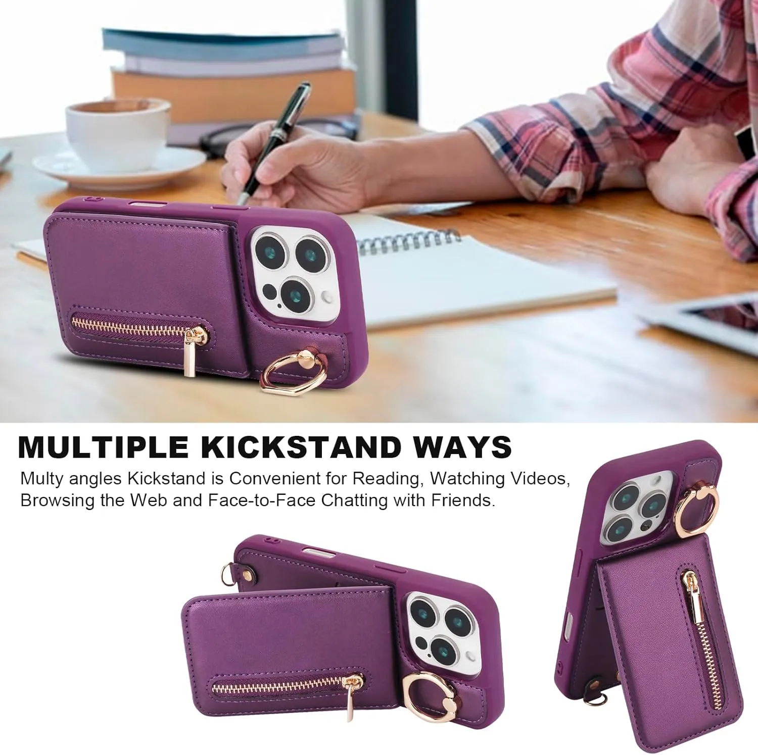 Crossbody Wallet Case for iPhone 16 Pro with Lanyard Strap Card Slot Holder RFID Blocking 360° Ring Kickstand,Magnetic Flip Folio Zipper Purse Case, PU Leather Cover Handbag,Deep Purple